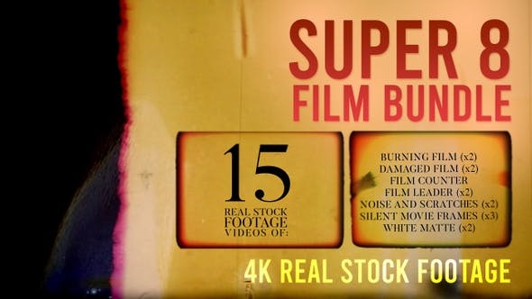 Super 8 Film counters, mattes with scratches, silent movie slates, grain texture, leaders and end burns.